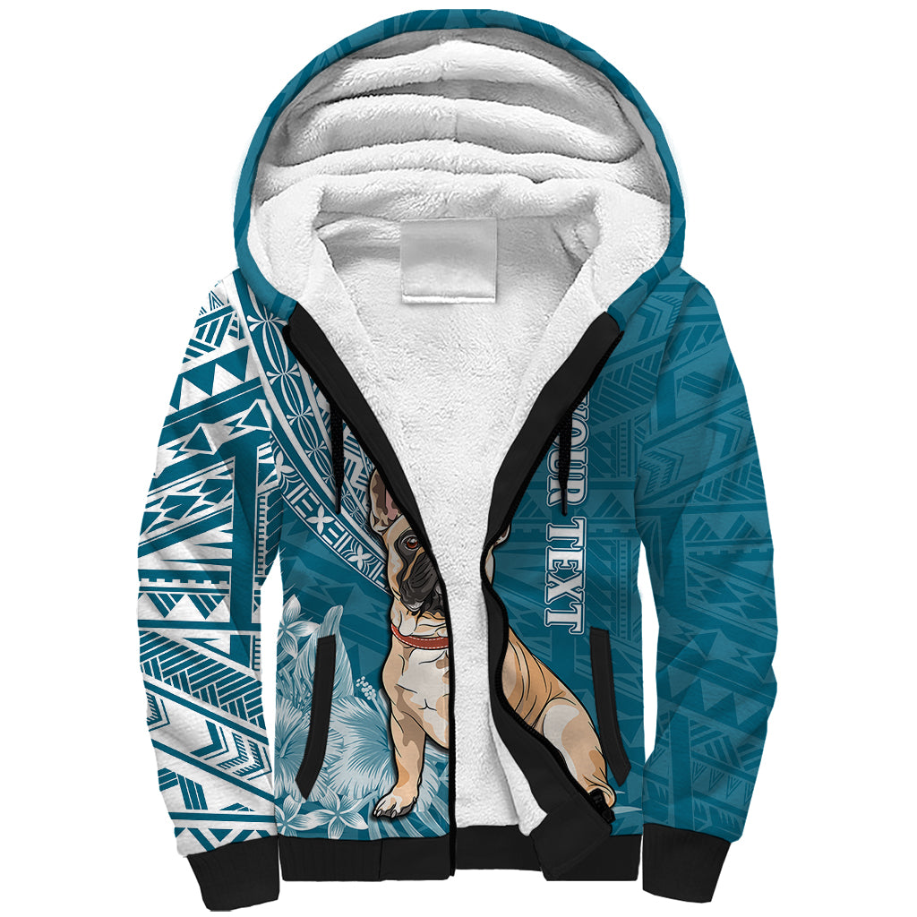 Personalised Polynesian Pacific Bulldog Sherpa Hoodie With Teal Hawaii Tribal Tattoo Patterns - Wonder Print Shop