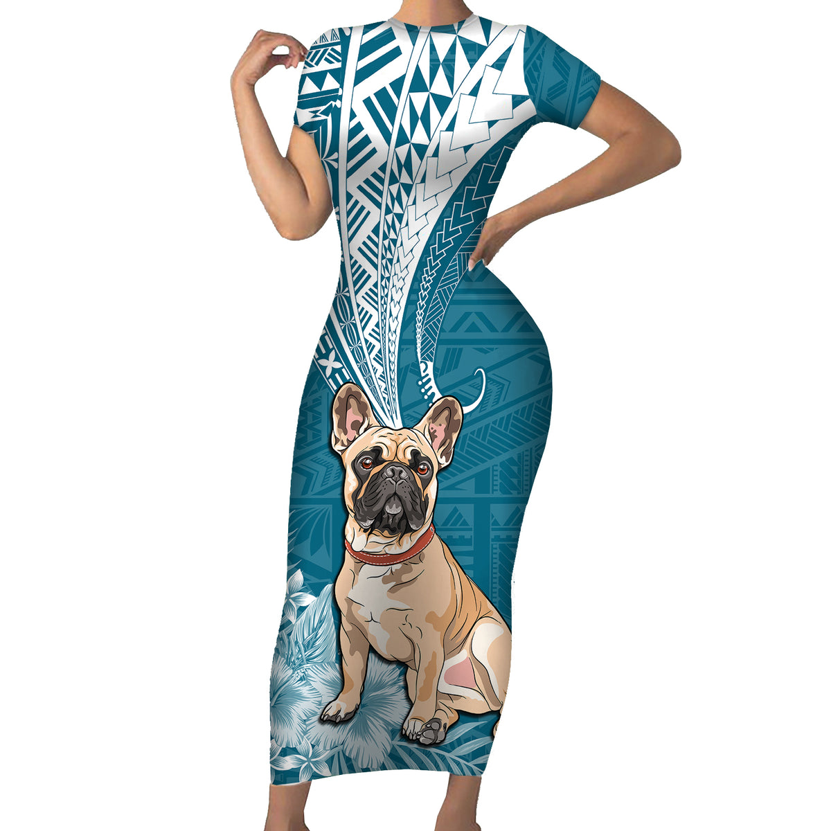 Personalised Polynesian Pacific Bulldog Short Sleeve Bodycon Dress With Teal Hawaii Tribal Tattoo Patterns - Wonder Print Shop