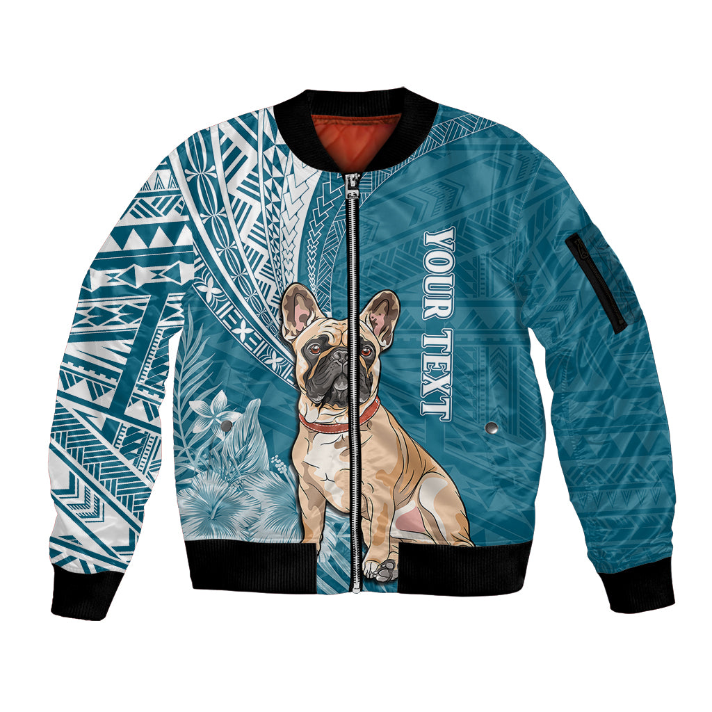 Personalised Polynesian Pacific Bulldog Sleeve Zip Bomber Jacket With Teal Hawaii Tribal Tattoo Patterns - Wonder Print Shop