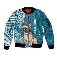 Personalised Polynesian Pacific Bulldog Sleeve Zip Bomber Jacket With Teal Hawaii Tribal Tattoo Patterns - Wonder Print Shop