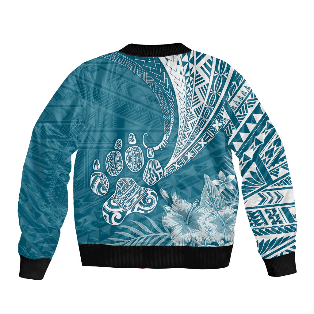 Personalised Polynesian Pacific Bulldog Sleeve Zip Bomber Jacket With Teal Hawaii Tribal Tattoo Patterns - Wonder Print Shop
