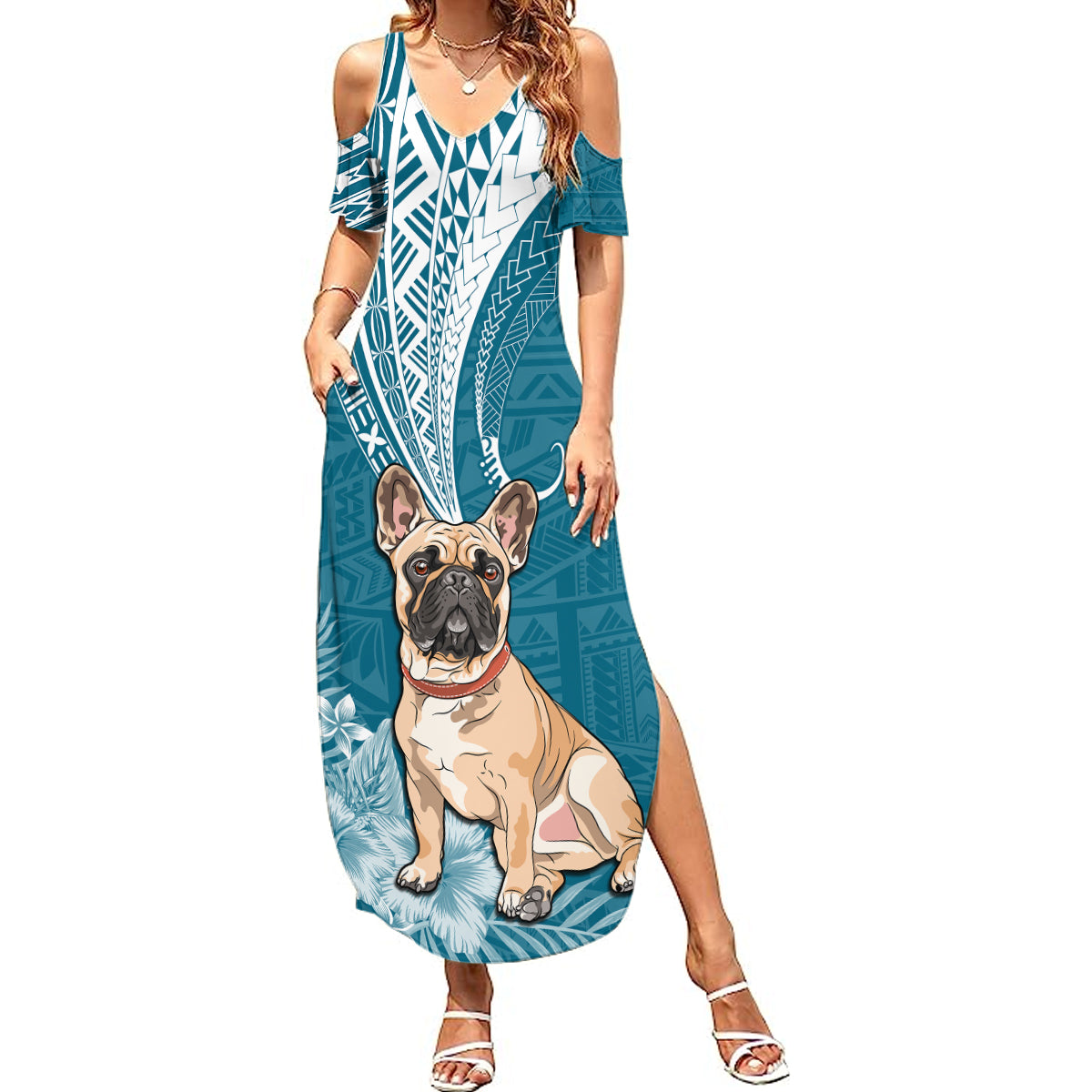 Personalised Polynesian Pacific Bulldog Summer Maxi Dress With Teal Hawaii Tribal Tattoo Patterns - Wonder Print Shop