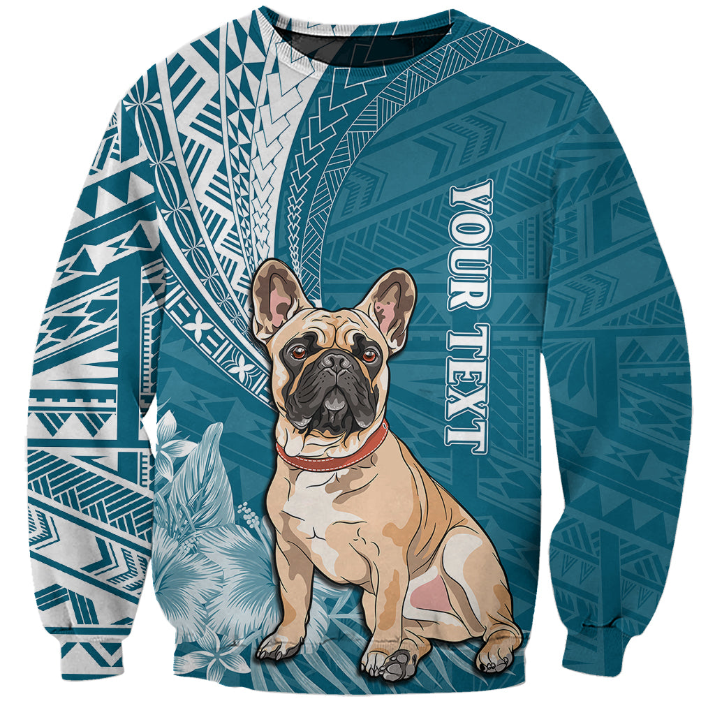 Personalised Polynesian Pacific Bulldog Sweatshirt With Teal Hawaii Tribal Tattoo Patterns - Wonder Print Shop