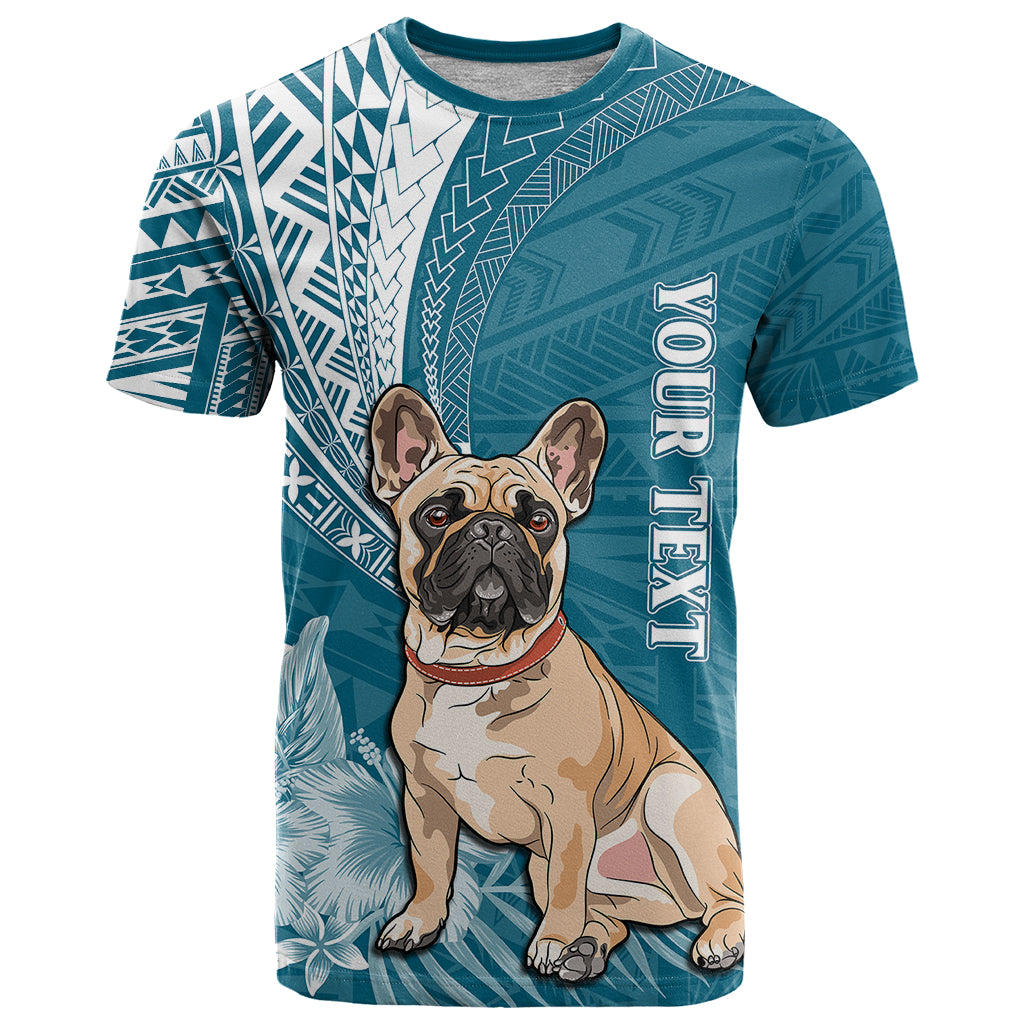 Personalised Polynesian Pacific Bulldog T Shirt With Teal Hawaii Tribal Tattoo Patterns - Wonder Print Shop
