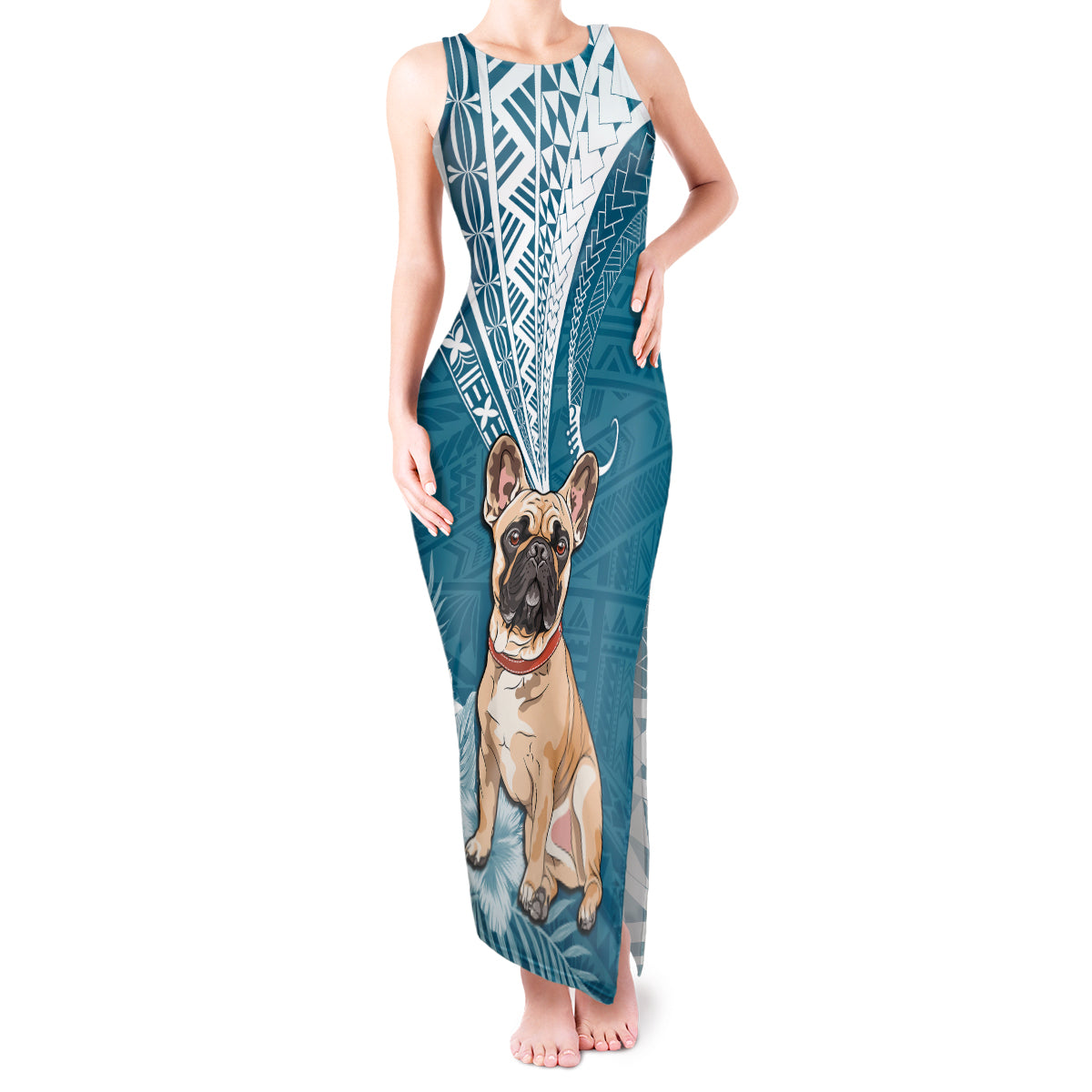 Personalised Polynesian Pacific Bulldog Tank Maxi Dress With Teal Hawaii Tribal Tattoo Patterns - Wonder Print Shop