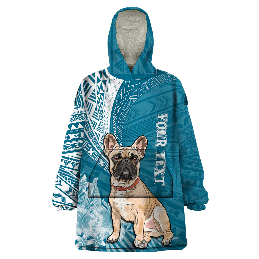 Personalised Polynesian Pacific Bulldog Wearable Blanket Hoodie With Teal Hawaii Tribal Tattoo Patterns - Wonder Print Shop
