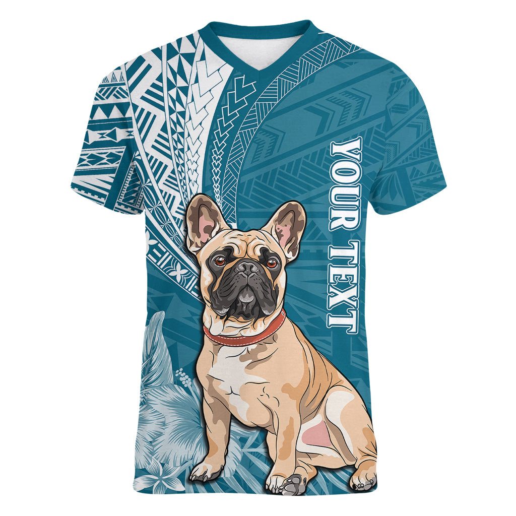 Personalised Polynesian Pacific Bulldog Women V Neck T Shirt With Teal Hawaii Tribal Tattoo Patterns - Wonder Print Shop
