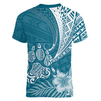Personalised Polynesian Pacific Bulldog Women V Neck T Shirt With Teal Hawaii Tribal Tattoo Patterns - Wonder Print Shop