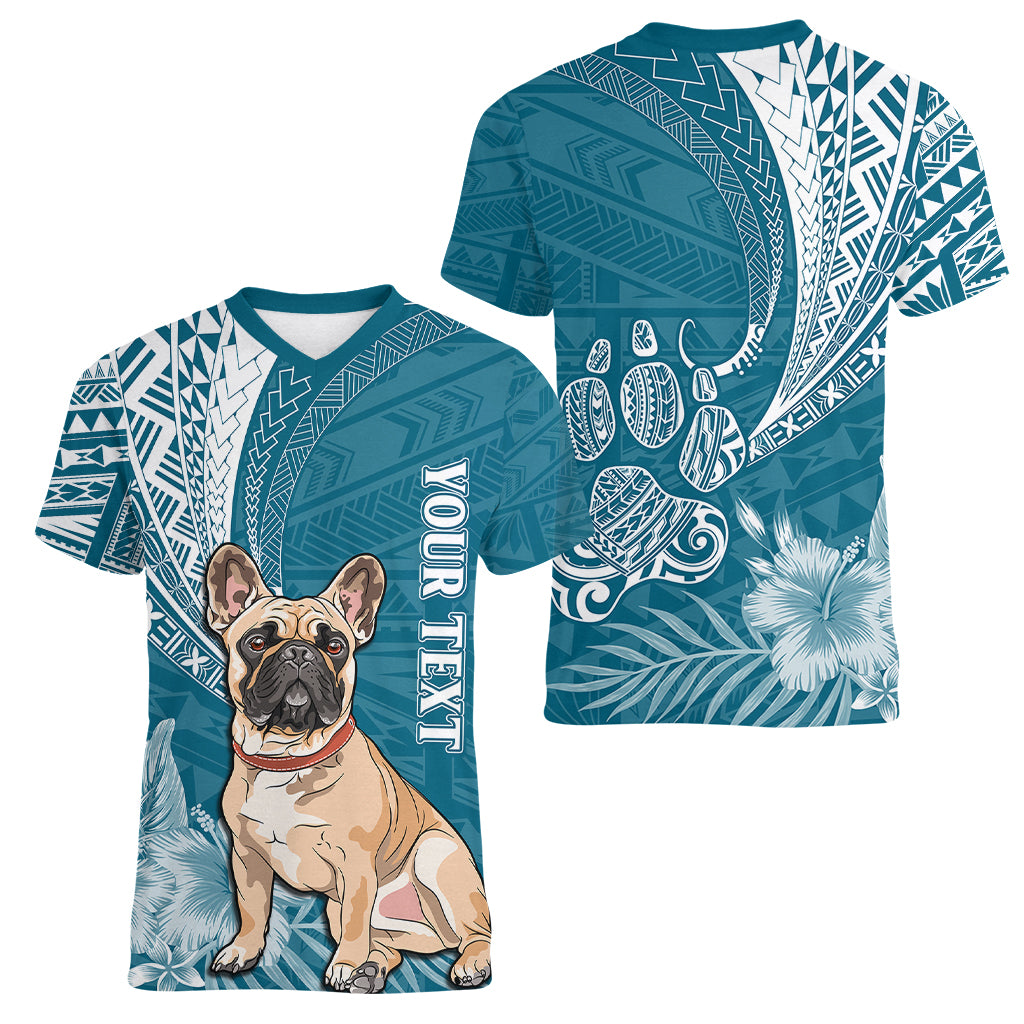 Personalised Polynesian Pacific Bulldog Women V Neck T Shirt With Teal Hawaii Tribal Tattoo Patterns - Wonder Print Shop