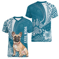 Personalised Polynesian Pacific Bulldog Women V Neck T Shirt With Teal Hawaii Tribal Tattoo Patterns - Wonder Print Shop