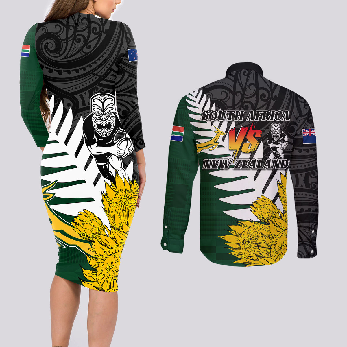 Personalised New Zealand Vs South Africa Rugby Couples Matching Long Sleeve Bodycon Dress and Long Sleeve Button Shirts Rivals - Tribal Style LT7 - Wonder Print Shop