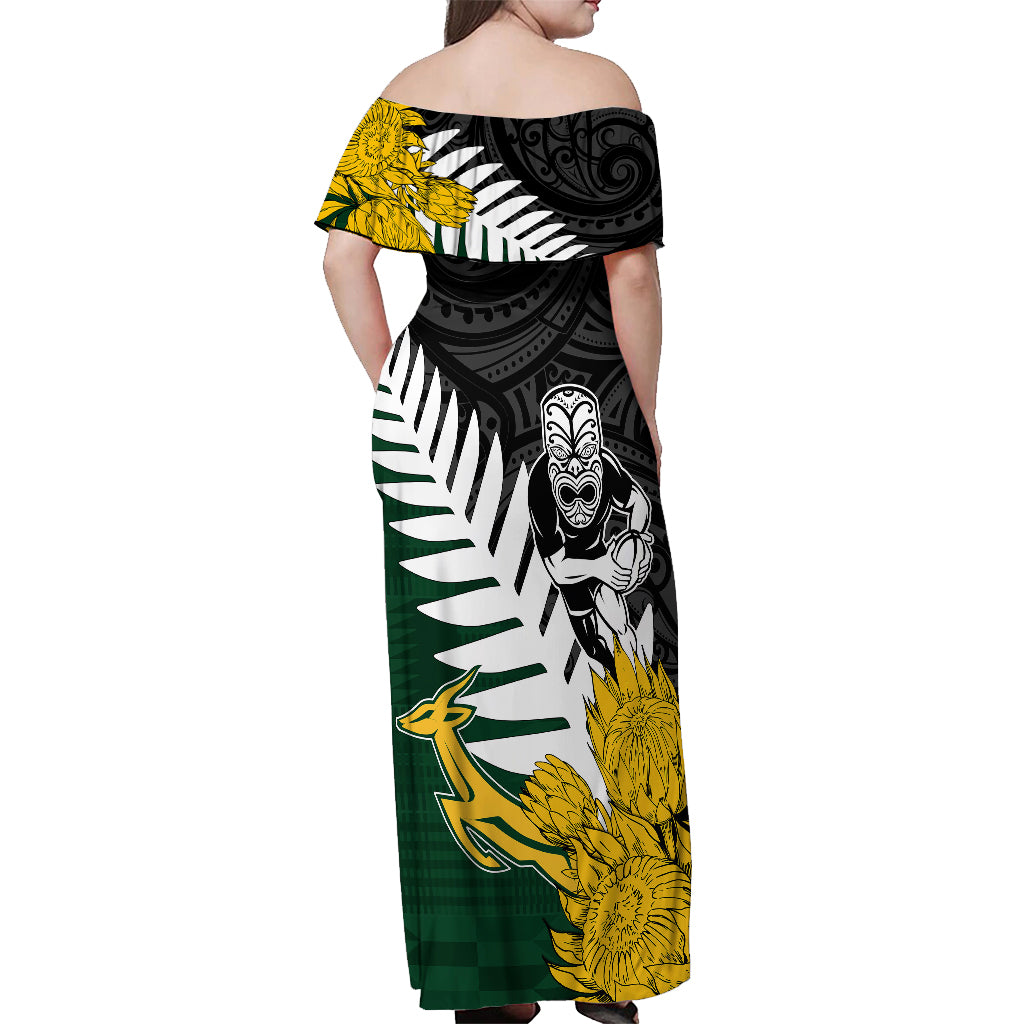 Personalised New Zealand Vs South Africa Rugby Off Shoulder Maxi Dress Rivals - Tribal Style - Wonder Print Shop