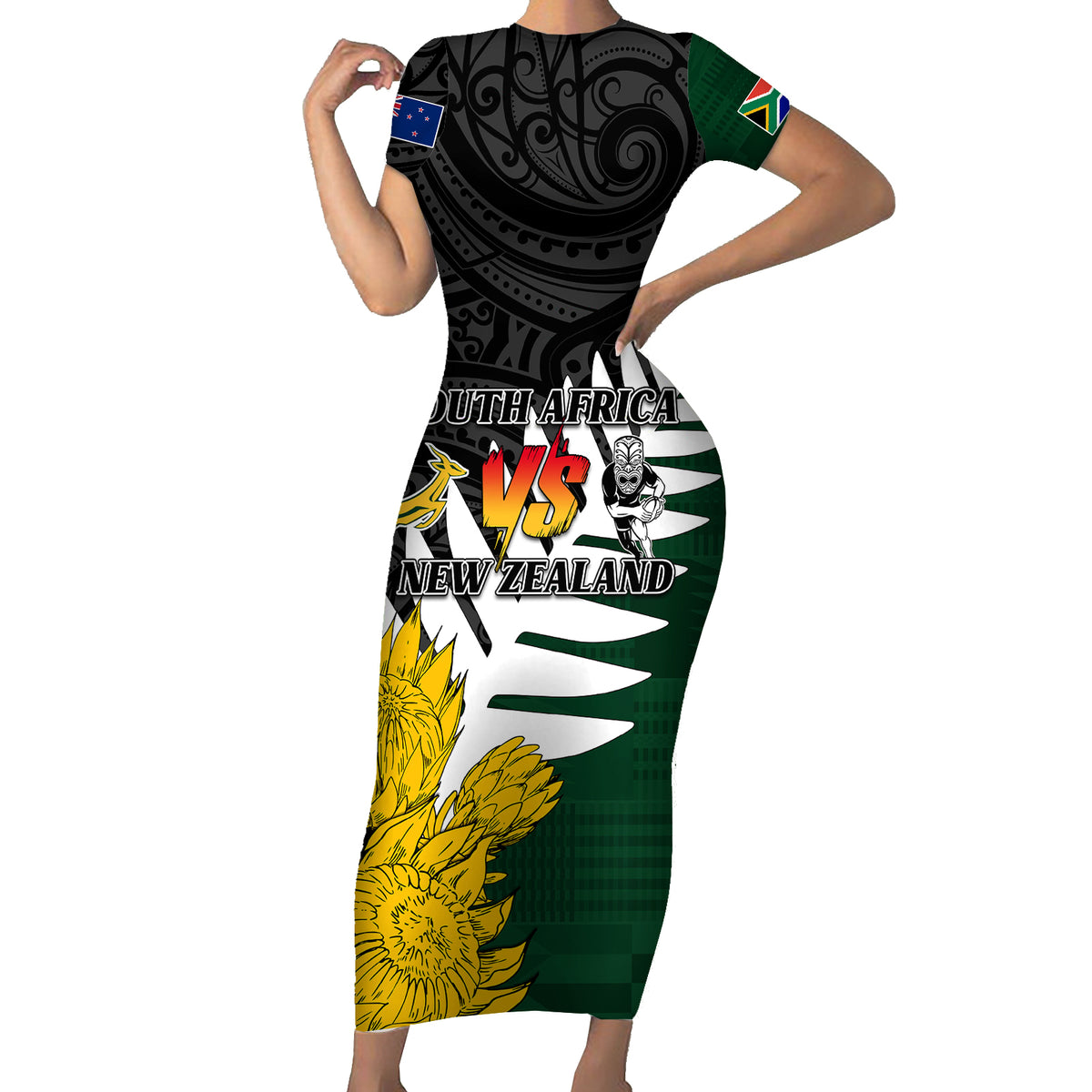 Personalised New Zealand Vs South Africa Rugby Short Sleeve Bodycon Dress Rivals - Tribal Style - Wonder Print Shop