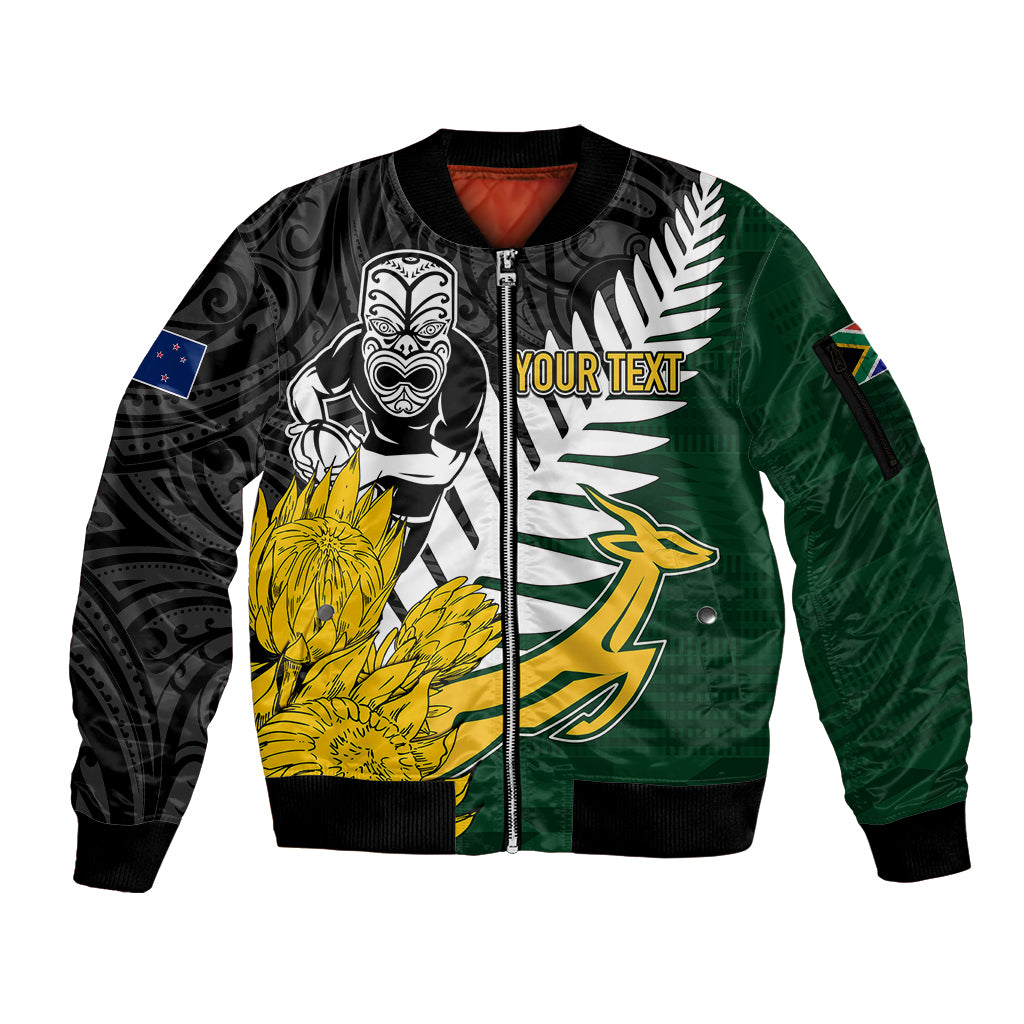 Personalised New Zealand Vs South Africa Rugby Sleeve Zip Bomber Jacket Rivals - Tribal Style - Wonder Print Shop
