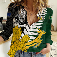 Personalised New Zealand Vs South Africa Rugby Women Casual Shirt Rivals - Tribal Style - Wonder Print Shop