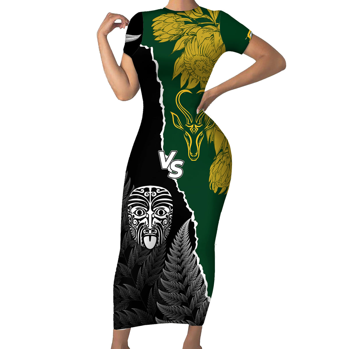 Personalised New Zealand Vs South Africa Rugby Short Sleeve Bodycon Dress Rivals Dynamics - Wonder Print Shop