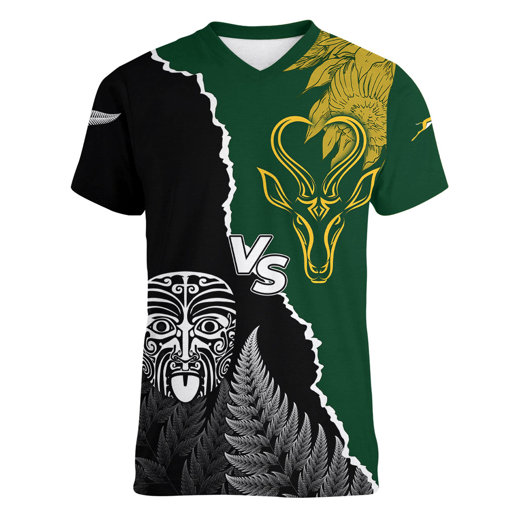 Personalised New Zealand Vs South Africa Rugby Women V Neck T Shirt Rivals Dynamics - Wonder Print Shop