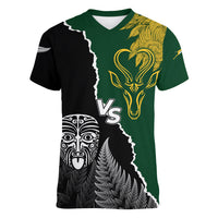 Personalised New Zealand Vs South Africa Rugby Women V Neck T Shirt Rivals Dynamics - Wonder Print Shop