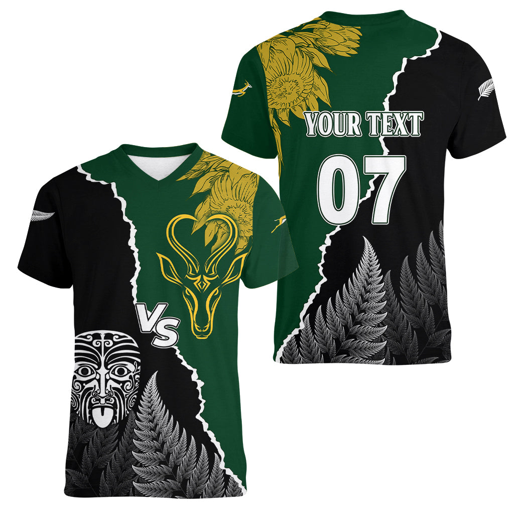 Personalised New Zealand Vs South Africa Rugby Women V Neck T Shirt Rivals Dynamics - Wonder Print Shop