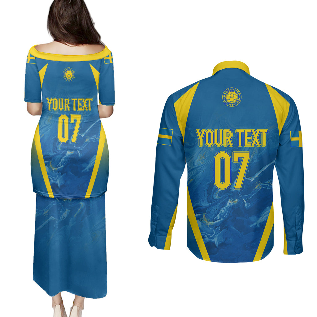 Personalised Sweden Football Couples Matching Puletasi Dress and Long Sleeve Button Shirts Women World Cup 2023 Blagult Glacial Inspired LT7 - Wonder Print Shop