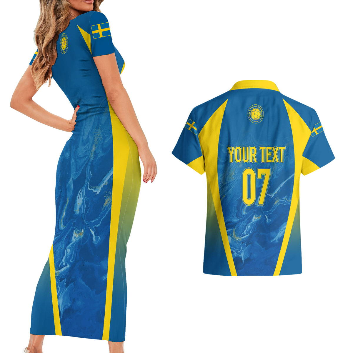 Personalised Sweden Football Couples Matching Short Sleeve Bodycon Dress and Hawaiian Shirt Women World Cup 2023 Blagult Glacial Inspired LT7 - Wonder Print Shop