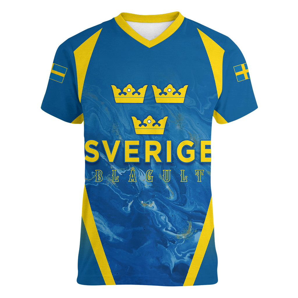 Personalised Sweden Football Women V Neck T Shirt Women World Cup 2023 Blagult Glacial Inspired - Wonder Print Shop