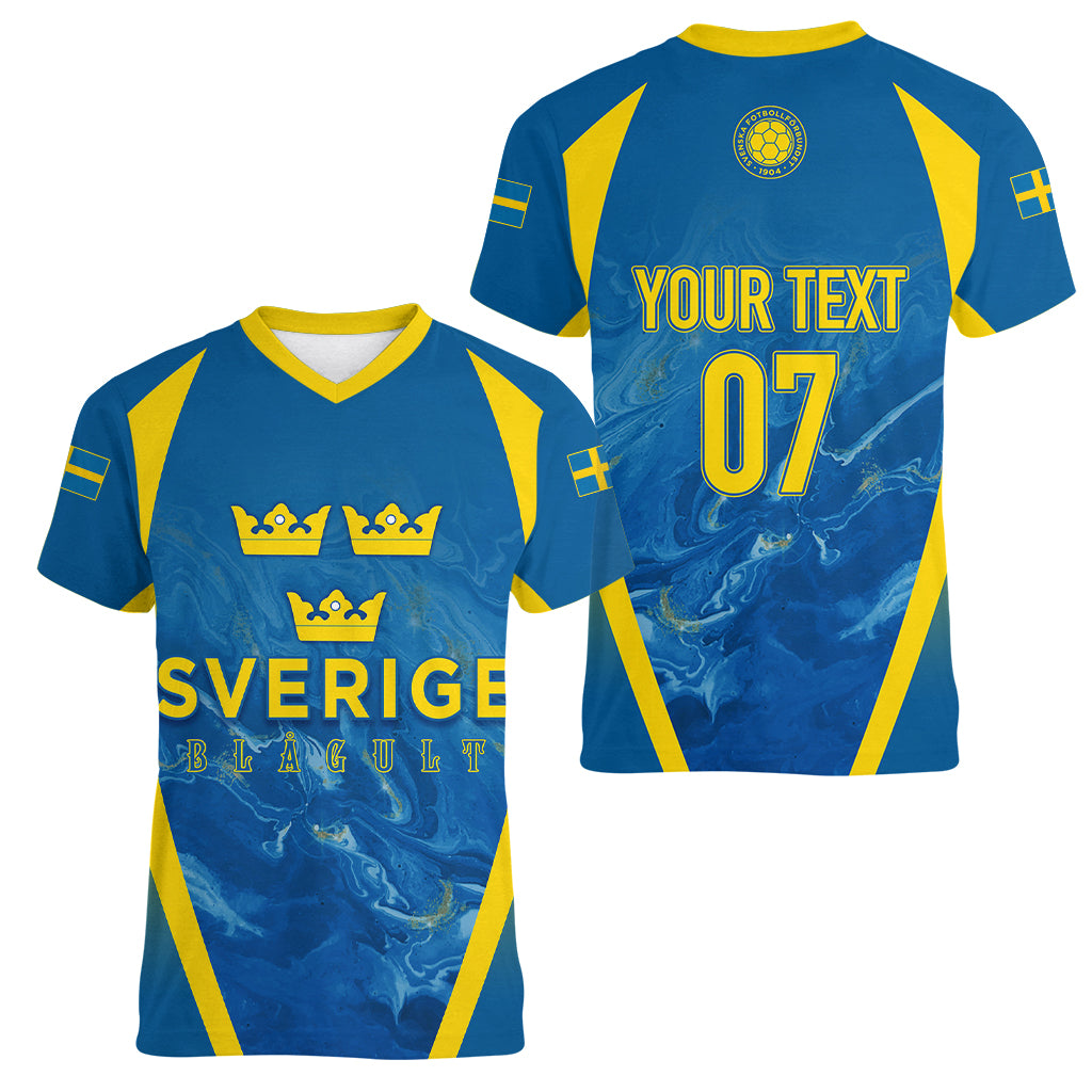 Personalised Sweden Football Women V Neck T Shirt Women World Cup 2023 Blagult Glacial Inspired - Wonder Print Shop