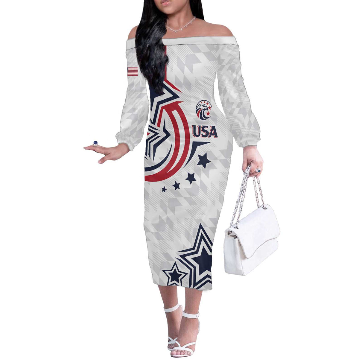 USA Rugby 2024 Custom Off The Shoulder Long Sleeve Dress GO Eagles Assemble - Wonder Print Shop