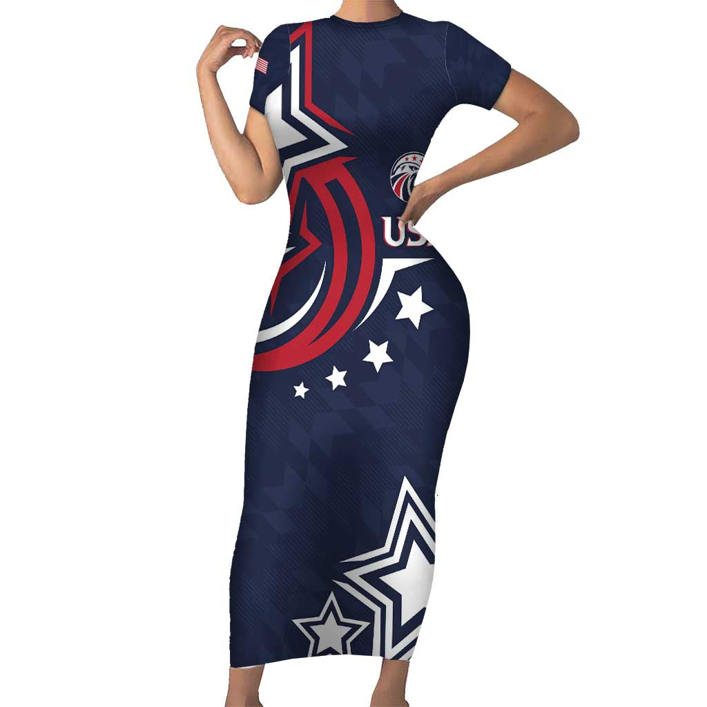 USA Rugby 2024 Custom Short Sleeve Bodycon Dress GO Eagles Assemble - Blue Version - Wonder Print Shop
