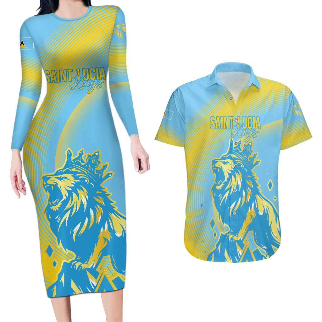 Saint Lucia Cricket Personalized Couples Matching Long Sleeve Bodycon Dress and Hawaiian Shirt The Roaring King - Wonder Print Shop