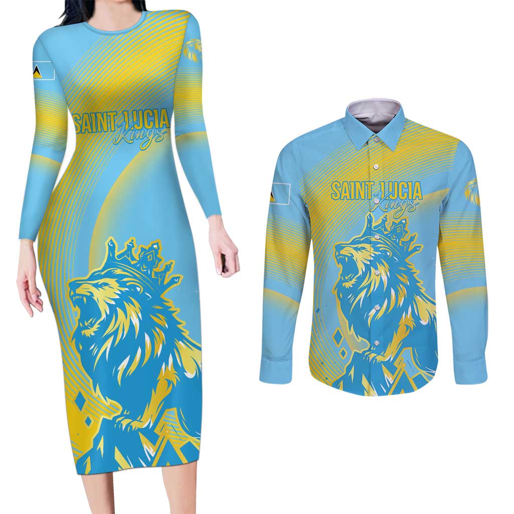 Saint Lucia Cricket Personalized Couples Matching Long Sleeve Bodycon Dress and Long Sleeve Button Shirt The Roaring King - Wonder Print Shop
