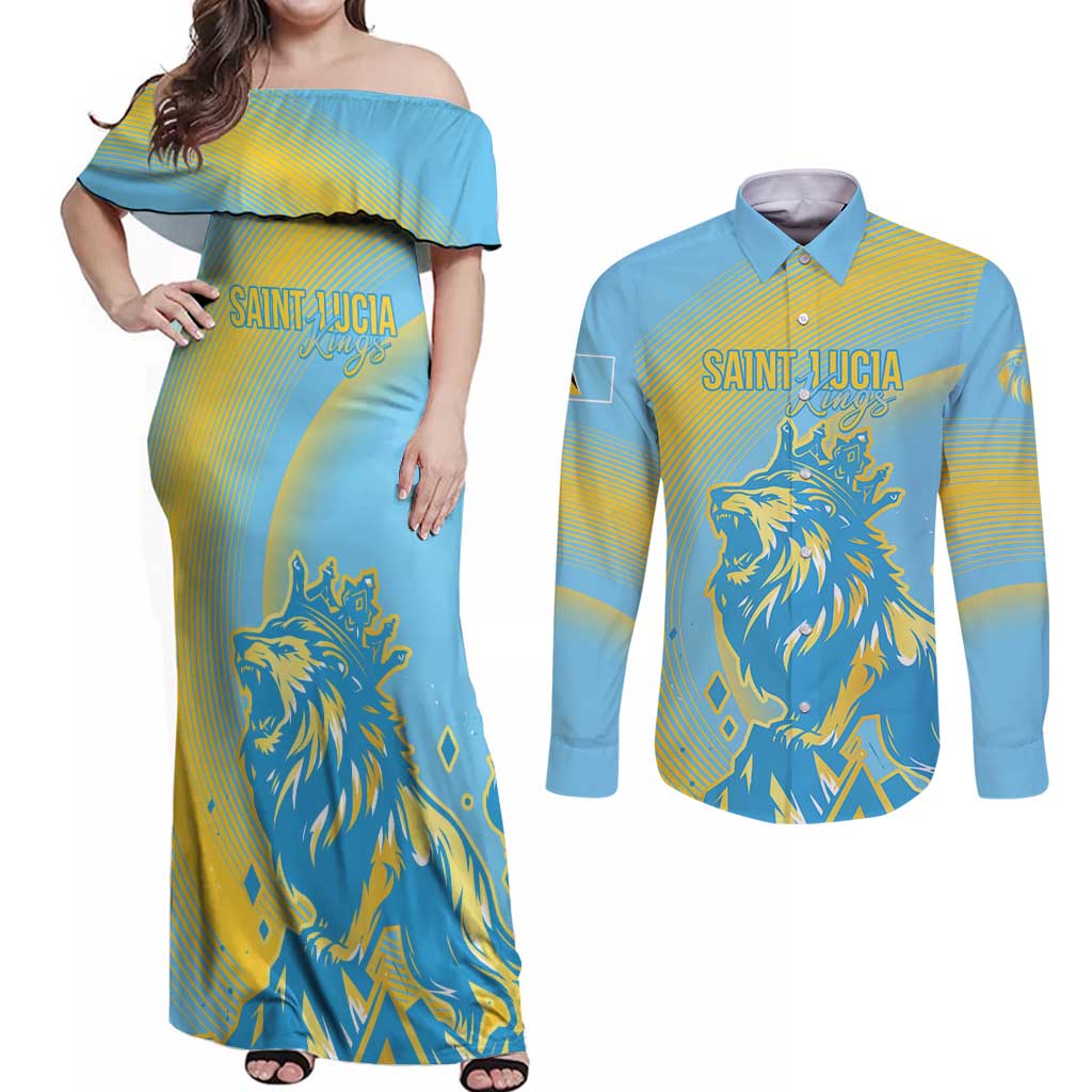 Saint Lucia Cricket Personalized Couples Matching Off Shoulder Maxi Dress and Long Sleeve Button Shirt The Roaring King - Wonder Print Shop