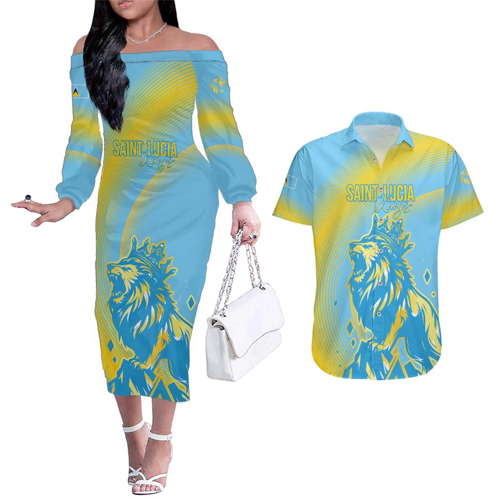 Saint Lucia Cricket Personalized Couples Matching Off The Shoulder Long Sleeve Dress and Hawaiian Shirt The Roaring King - Wonder Print Shop