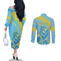 Saint Lucia Cricket Personalized Couples Matching Off The Shoulder Long Sleeve Dress and Long Sleeve Button Shirt The Roaring King - Wonder Print Shop