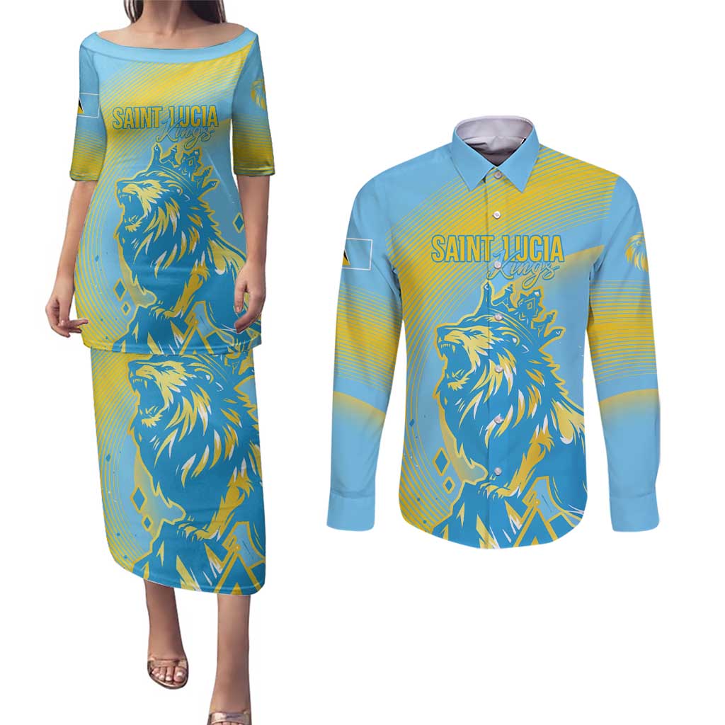 Saint Lucia Cricket Personalized Couples Matching Puletasi and Long Sleeve Button Shirt The Roaring King - Wonder Print Shop