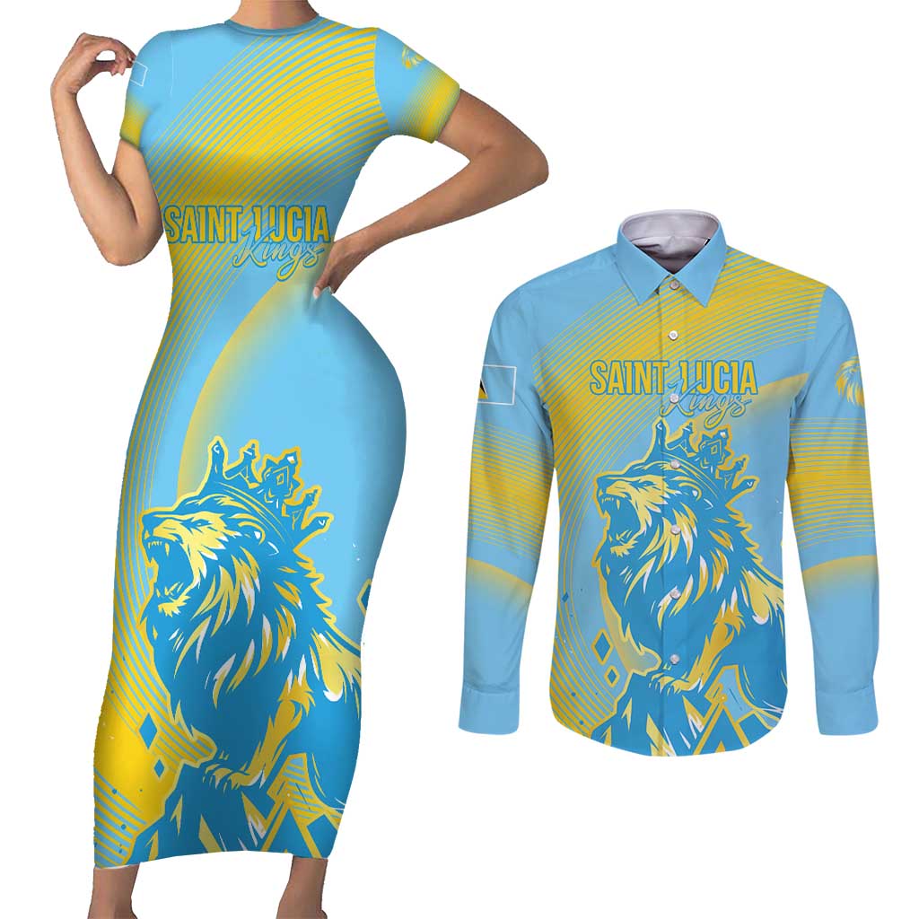 Saint Lucia Cricket Personalized Couples Matching Short Sleeve Bodycon Dress and Long Sleeve Button Shirt The Roaring King - Wonder Print Shop