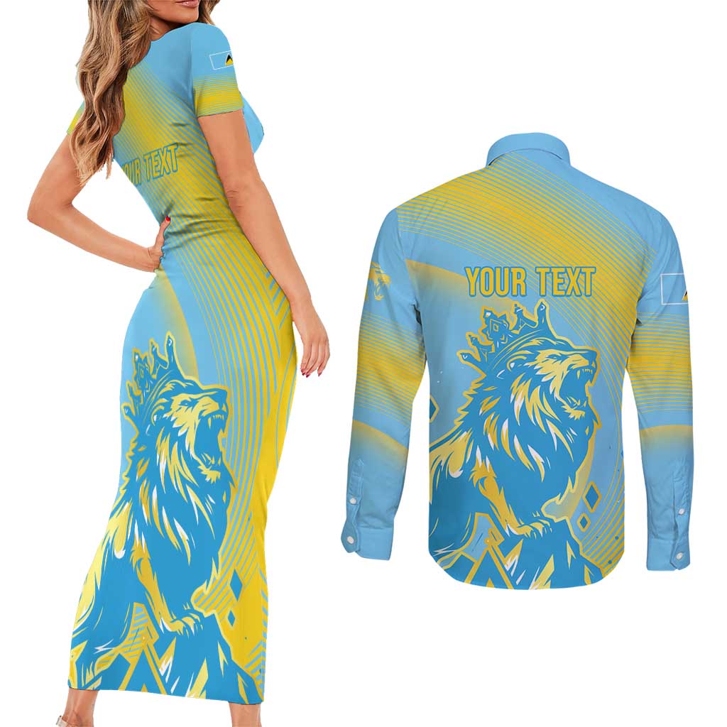 Saint Lucia Cricket Personalized Couples Matching Short Sleeve Bodycon Dress and Long Sleeve Button Shirt The Roaring King - Wonder Print Shop