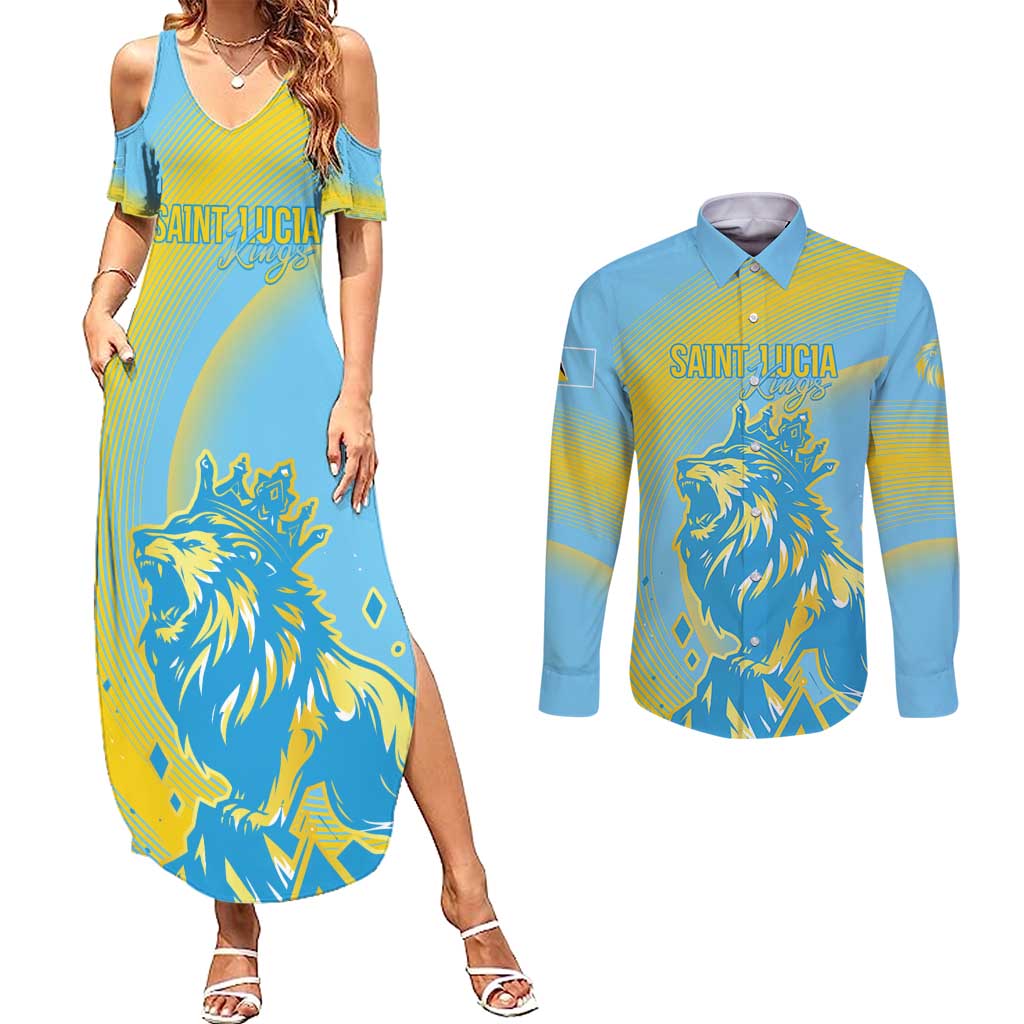 Saint Lucia Cricket Personalized Couples Matching Summer Maxi Dress and Long Sleeve Button Shirt The Roaring King - Wonder Print Shop