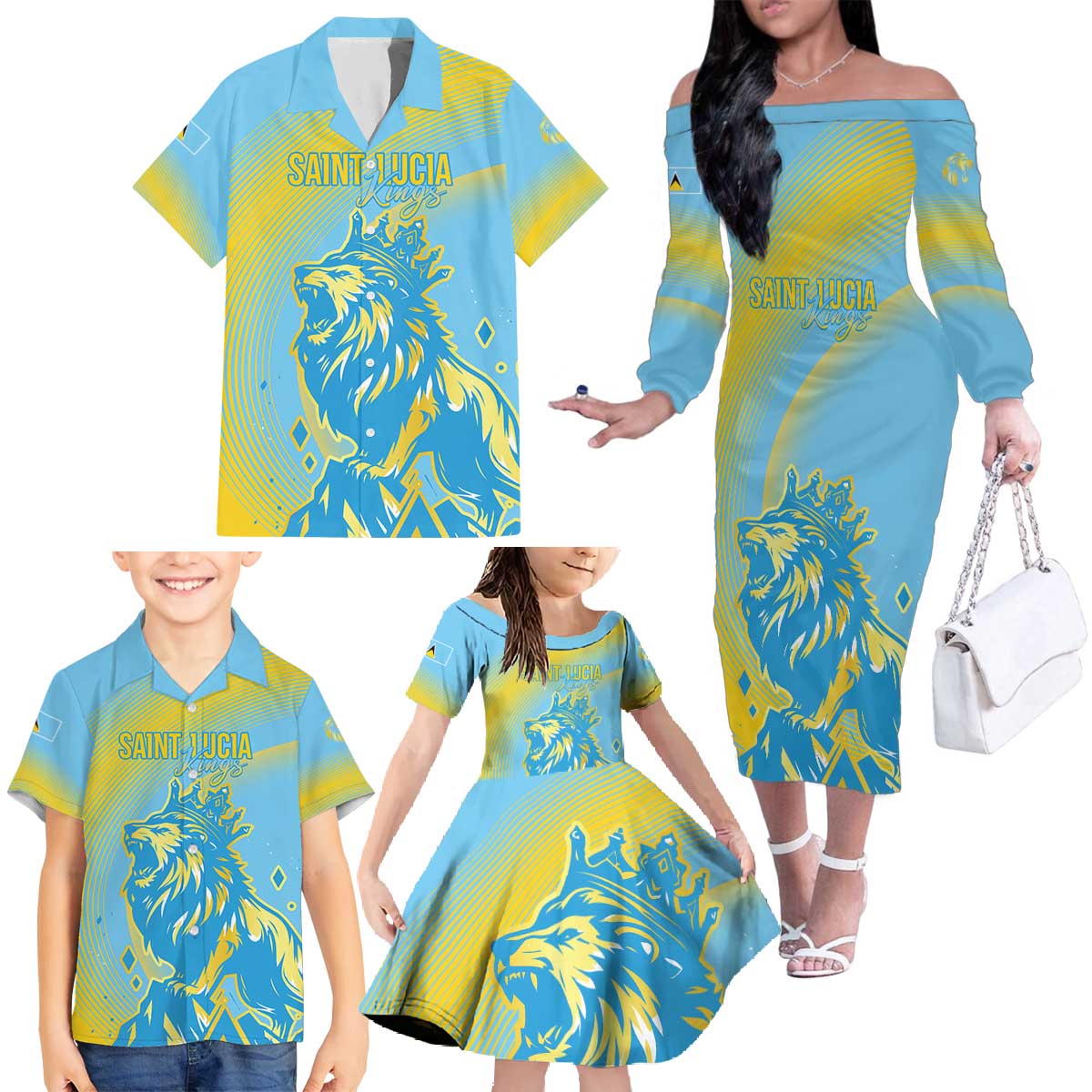 Saint Lucia Cricket Personalized Family Matching Off The Shoulder Long Sleeve Dress and Hawaiian Shirt The Roaring King - Wonder Print Shop