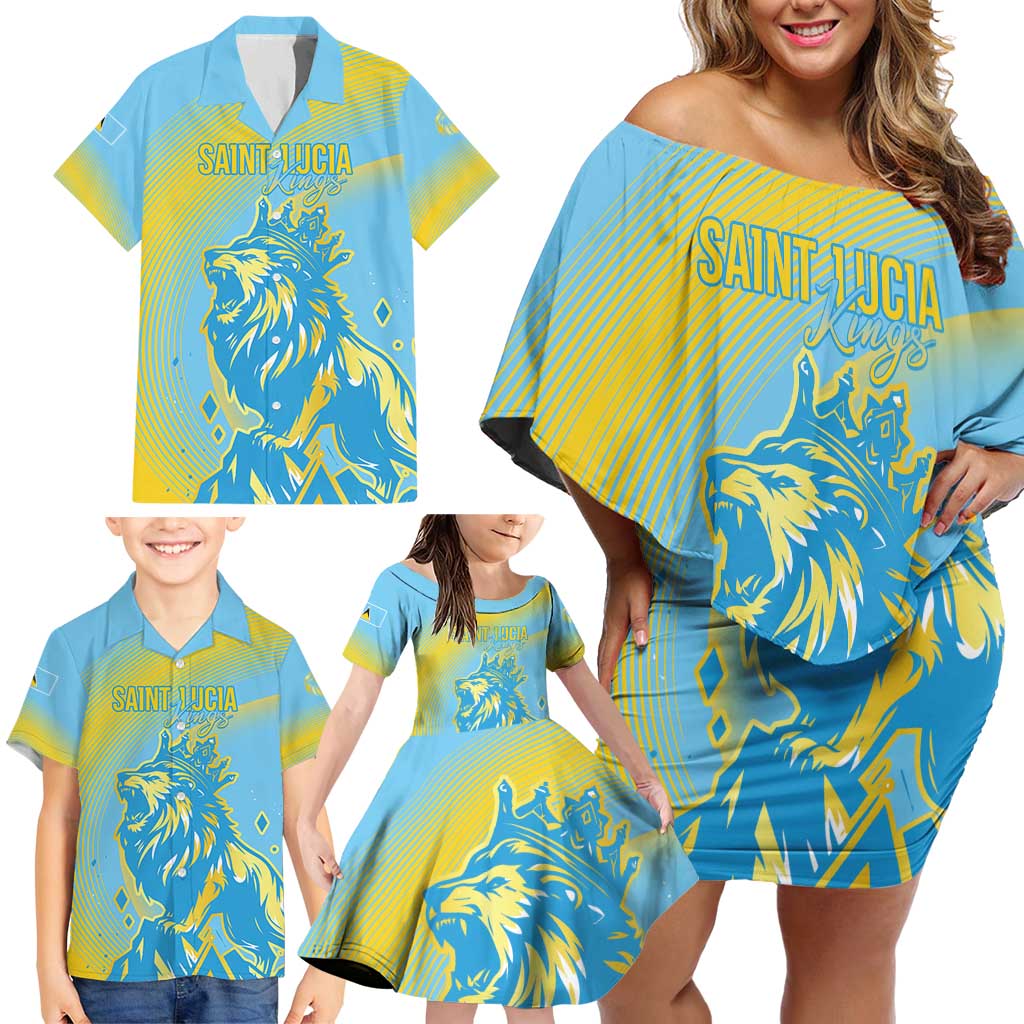 Saint Lucia Cricket Personalized Family Matching Off Shoulder Short Dress and Hawaiian Shirt The Roaring King - Wonder Print Shop