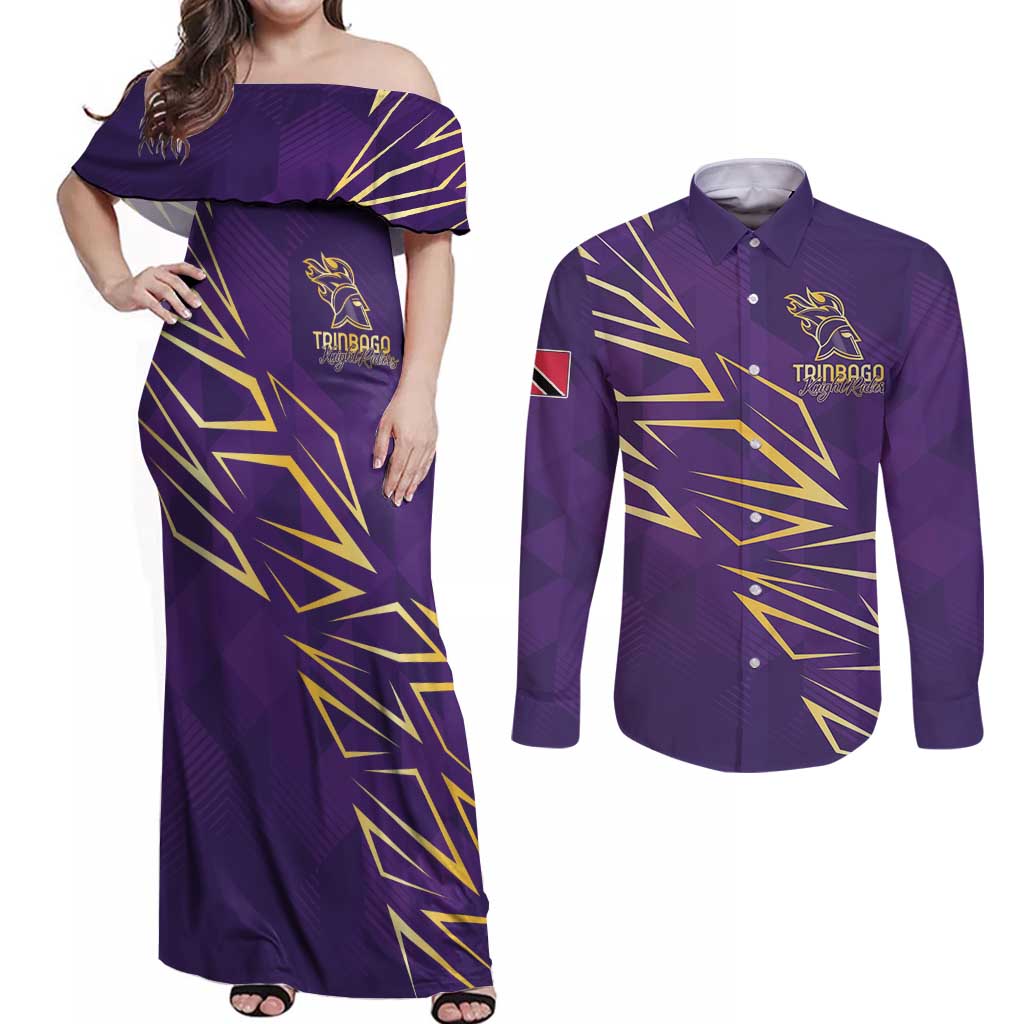 Trinbago Cricket Custom Couples Matching Off Shoulder Maxi Dress and Long Sleeve Button Shirt TKR Quadruple Champion - Wonder Print Shop