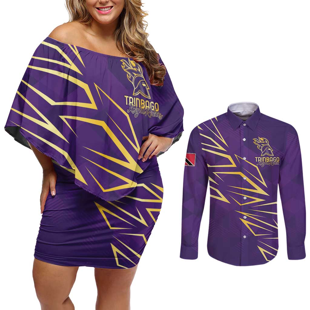 Trinbago Cricket Custom Couples Matching Off Shoulder Short Dress and Long Sleeve Button Shirt TKR Quadruple Champion - Wonder Print Shop