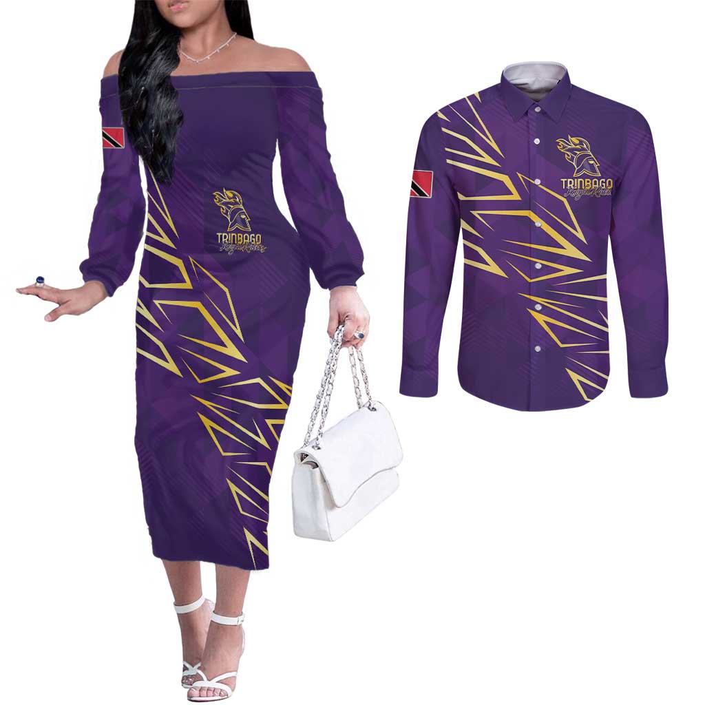 Trinbago Cricket Custom Couples Matching Off The Shoulder Long Sleeve Dress and Long Sleeve Button Shirt TKR Quadruple Champion - Wonder Print Shop