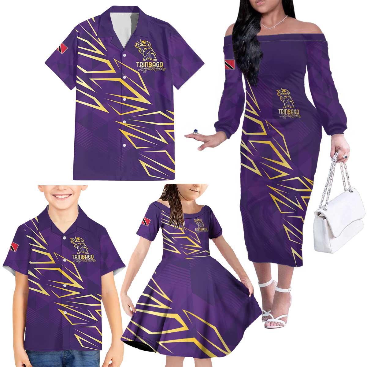 Trinbago Cricket Custom Family Matching Off The Shoulder Long Sleeve Dress and Hawaiian Shirt TKR Quadruple Champion - Wonder Print Shop