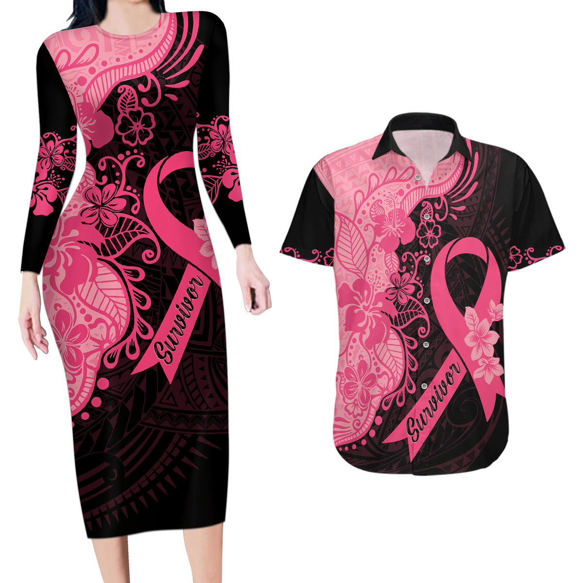 Polynesian Couples Matching Long Sleeve Bodycon Dress and Hawaiian Shirt Plumeria Breast Cancer Awareness Survivor Ribbon Pink LT7 - Wonder Print Shop