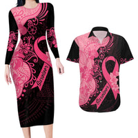 Polynesian Couples Matching Long Sleeve Bodycon Dress and Hawaiian Shirt Plumeria Breast Cancer Awareness Survivor Ribbon Pink LT7 - Wonder Print Shop