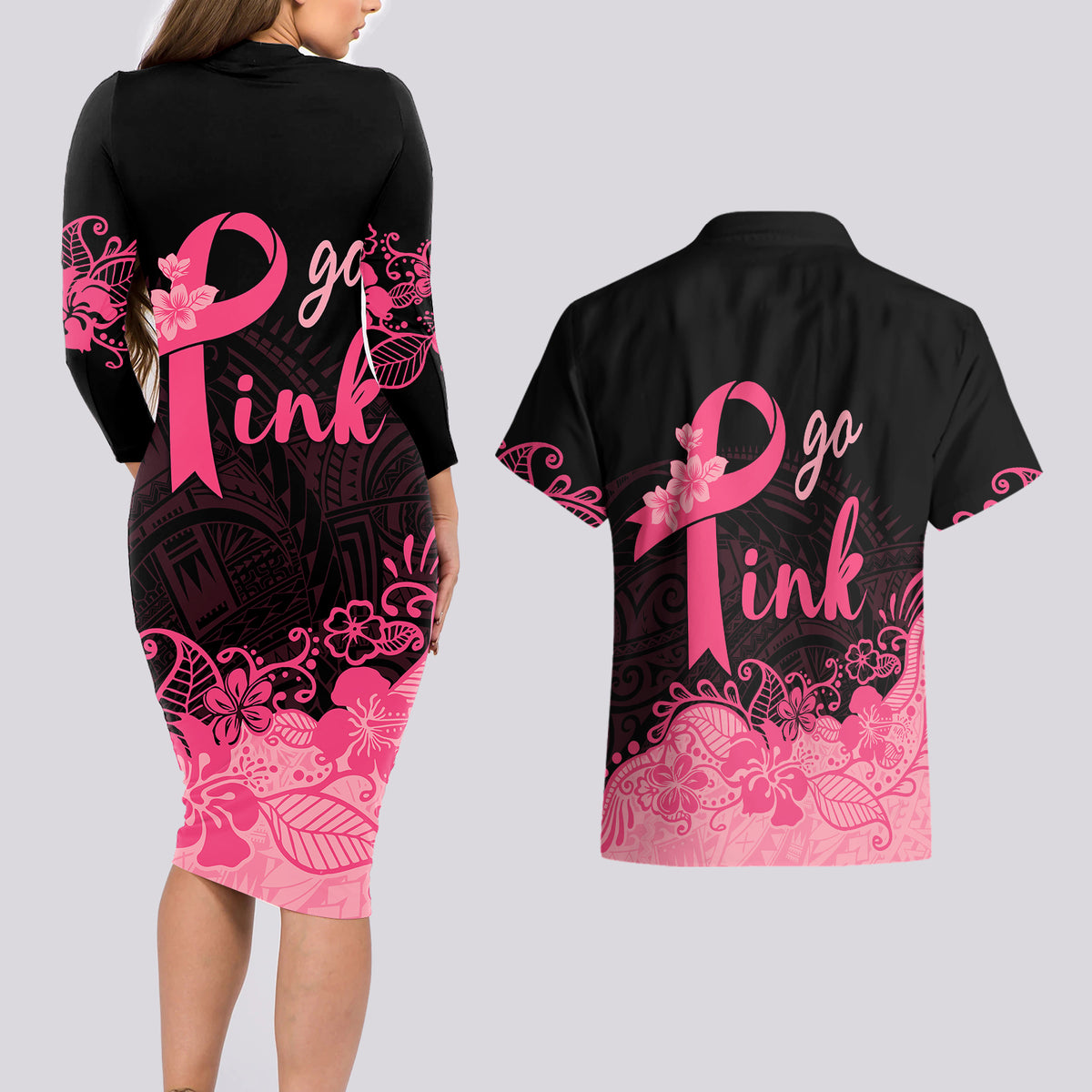 Polynesian Couples Matching Long Sleeve Bodycon Dress and Hawaiian Shirt Plumeria Breast Cancer Awareness Survivor Ribbon Pink LT7 - Wonder Print Shop