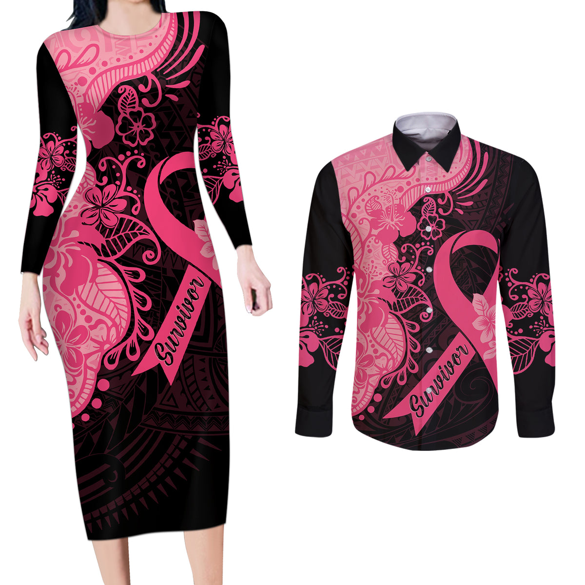 Polynesian Couples Matching Long Sleeve Bodycon Dress and Long Sleeve Button Shirts Plumeria Breast Cancer Awareness Survivor Ribbon Pink LT7 - Wonder Print Shop