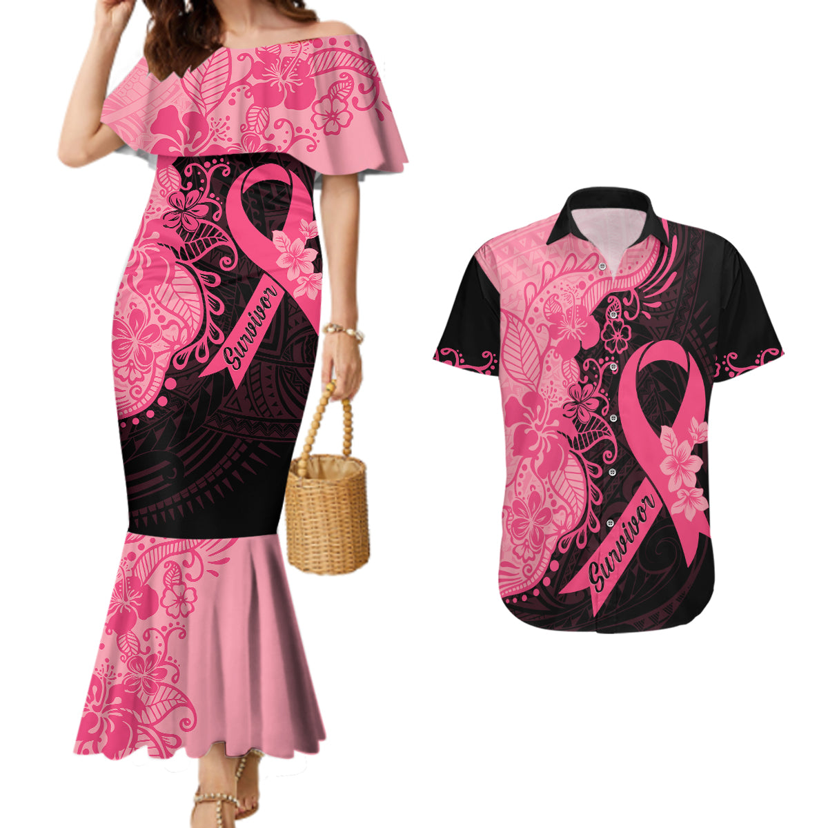 Polynesian Couples Matching Mermaid Dress and Hawaiian Shirt Plumeria Breast Cancer Awareness Survivor Ribbon Pink LT7 - Wonder Print Shop