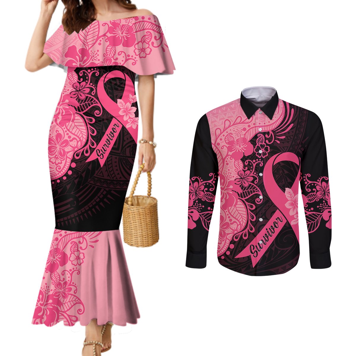 polynesian-couples-matching-mermaid-dress-and-long-sleeve-button-shirts-plumeria-breast-cancer-awareness-survivor-ribbon-pink